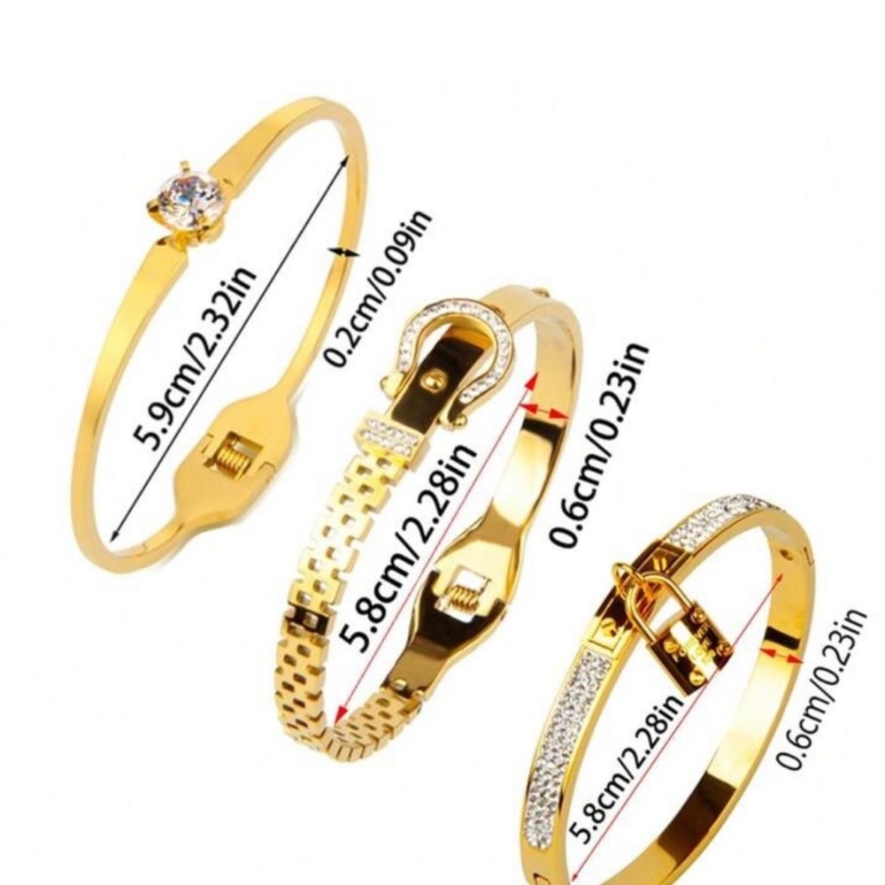 3pc Silver Plated Stainless Steel Bracelet Stack Set Lock, Nail & Solitaire - Picture 3 of 3